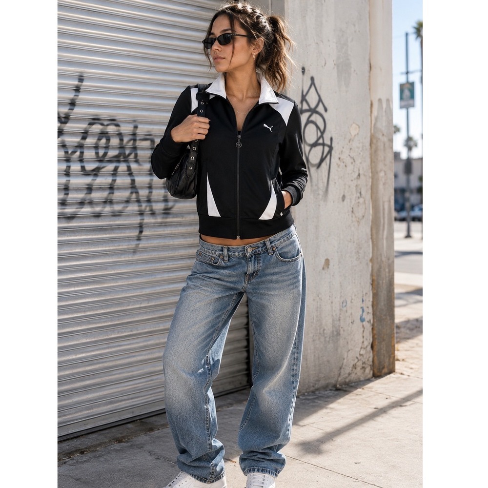 Puma Womens‎ Black White Full Zip Track Jacket Y2K Retro Athletic Sport